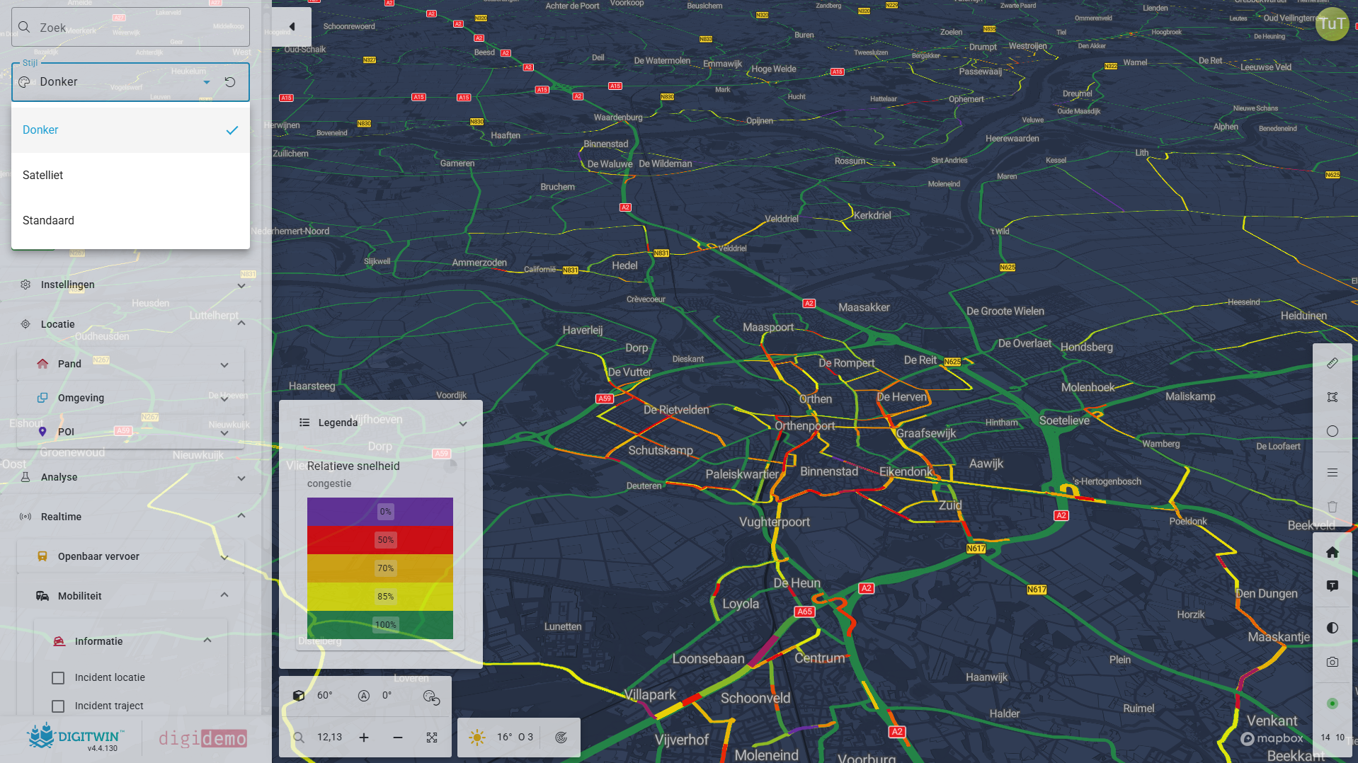 Donkere kaartweergave met kleurvisualisatie