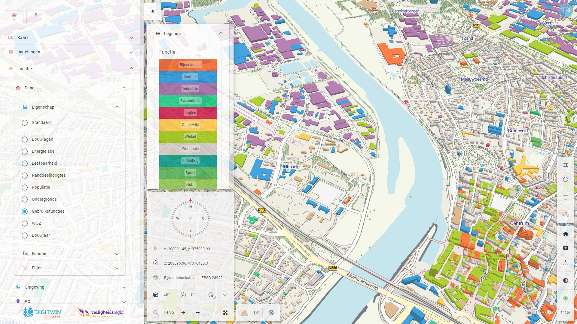 Panden gekleurd op bouwjaar en functie