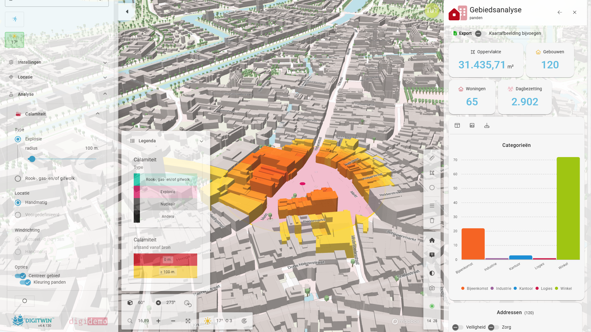 Explosie-analyse met impactcirkel en pandgegevens