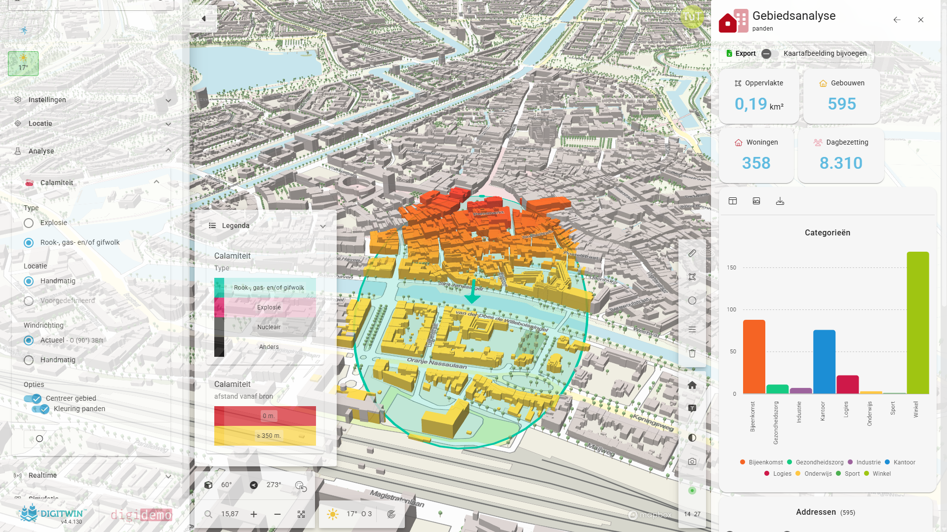 Rookwolk-analyse met windrichting en pandinformatie