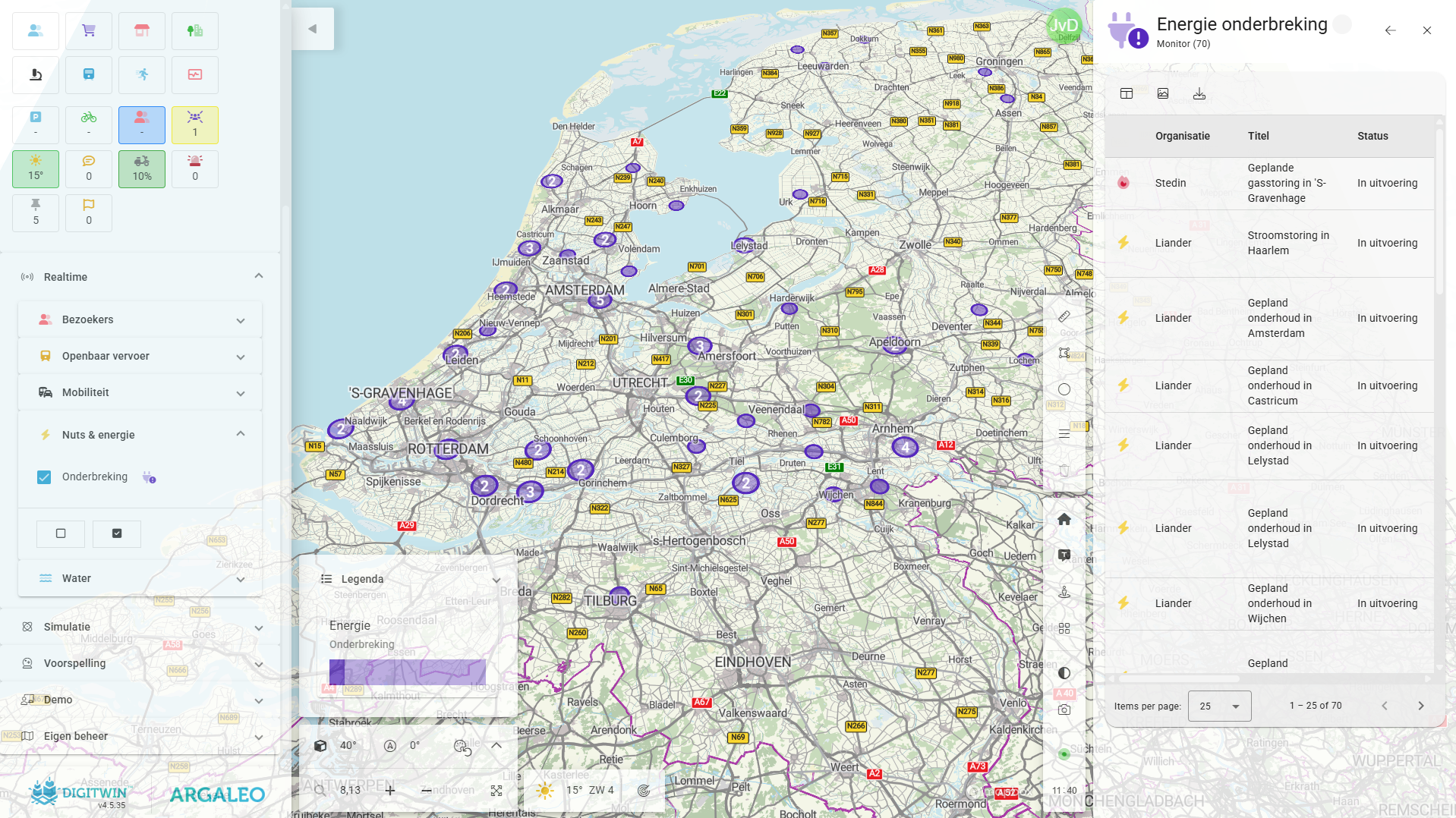 Overzicht van actieve energieonderbrekingen
