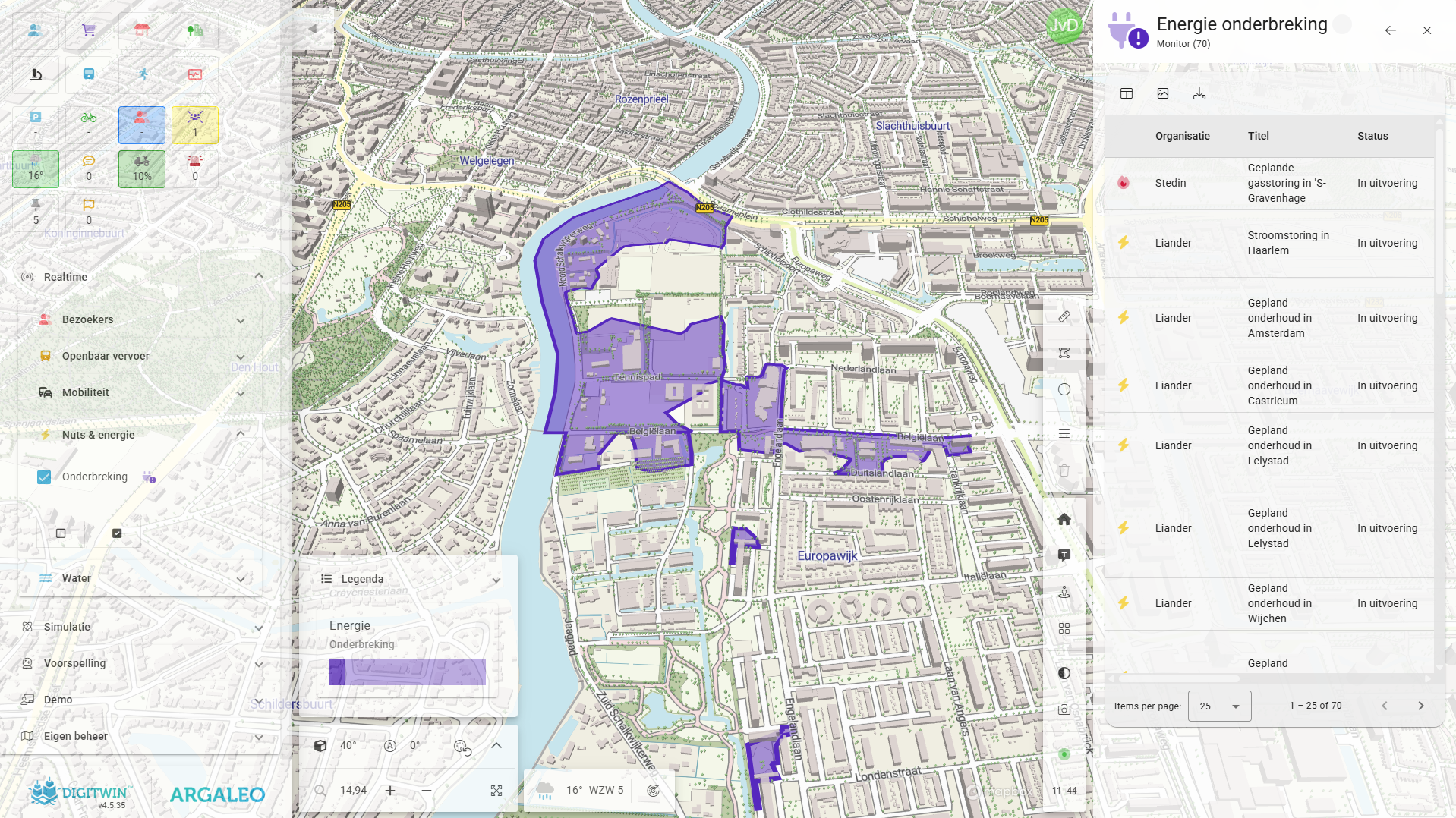 Detail van een energieonderbreking op de kaart