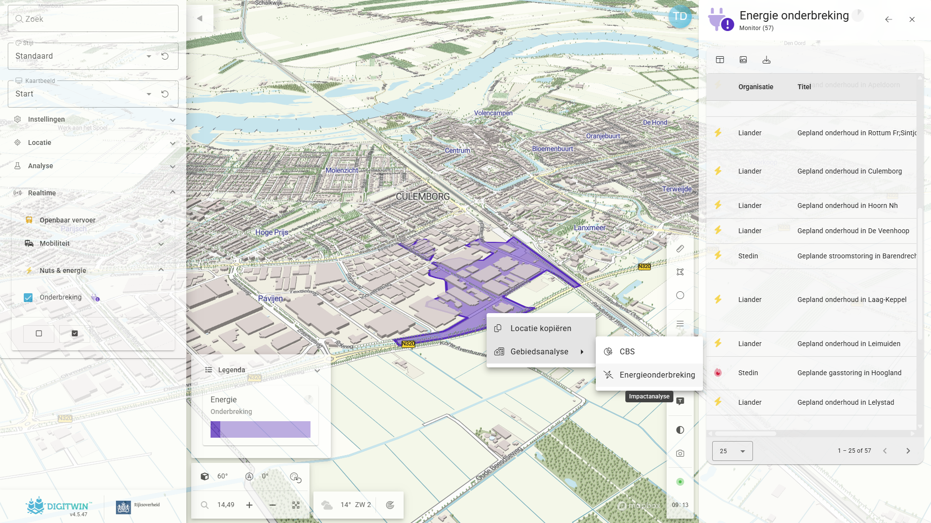 Gebiedsanalyse starten vanuit actieve energieonderbreking