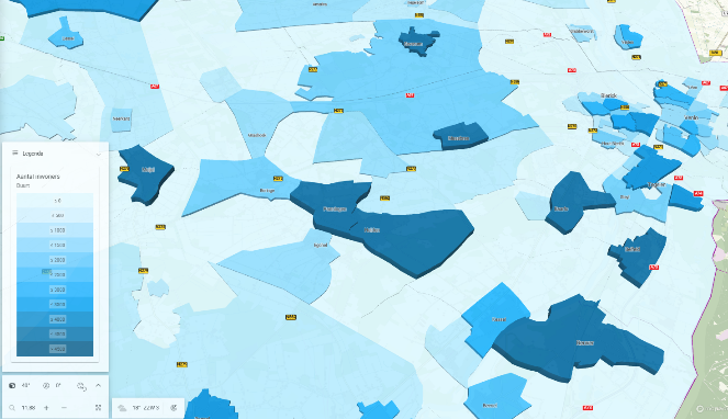 CBS-buurten in regio West-Venlo met 3D-weergave op basis van aantal inwoners per buurt