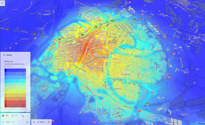 Hittestress kaart van Roermond met duidelijk verschil tussen binnenstad en buitengebied
