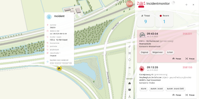 Incidentmonitor (koppeling met GMS) met overzicht van alle incidenten in omgeving Zeeland, gesorteerd op meest recent