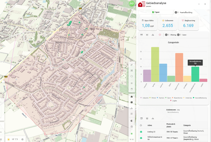 Gebiedsanalyse na stroomuitval in Baarlo, met panden met gebruiksfunctie Gezondheidszorg in het groen uitgelicht